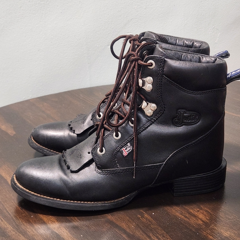 Justin Women's Western Black Leather Kiltie George Strait Boots 8.5 B L606 - Picture 3 of 10